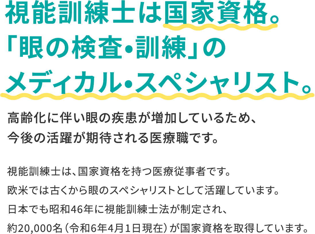 視能訓練士は国家資格。「眼の検査•訓練」のメディカル•スペシャリスト。高齢化に伴い眼の疾患が増加しているため、今後の活躍が期待される医療職です。視能訓練士は、国家資格を持つ医療従事者です。欧米では古くから眼のスペシャリストとして活躍しています。日本でも昭和46年に視能訓練士法が制定され、約20,000名（令和6年4月1日現在）が国家資格を取得しています。