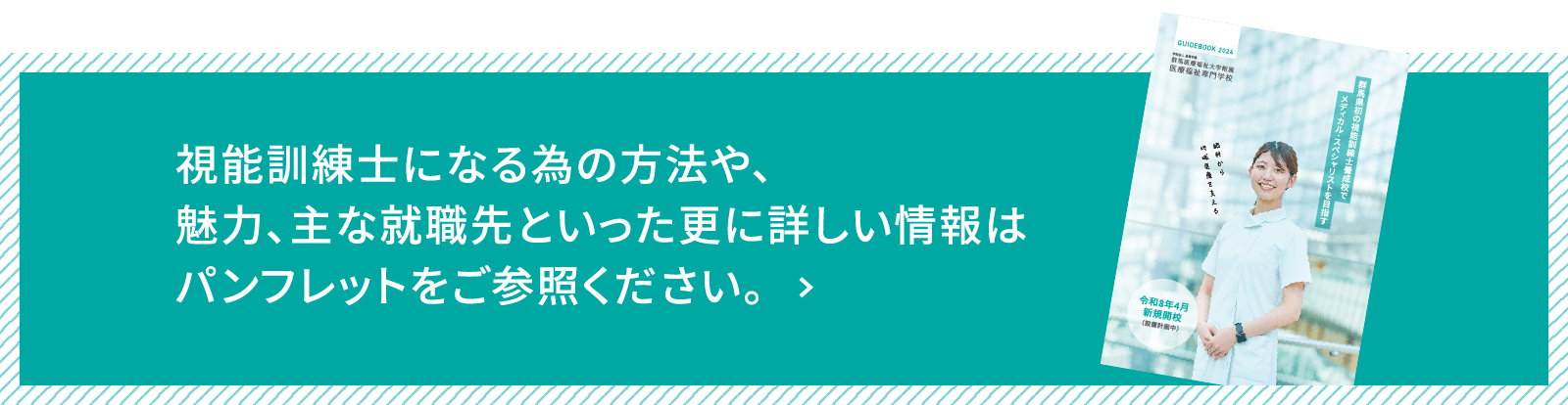 視能訓練士になる為の方法や、魅力、主な就職先といった更に詳しい情報はパンフレットをご参照ください。